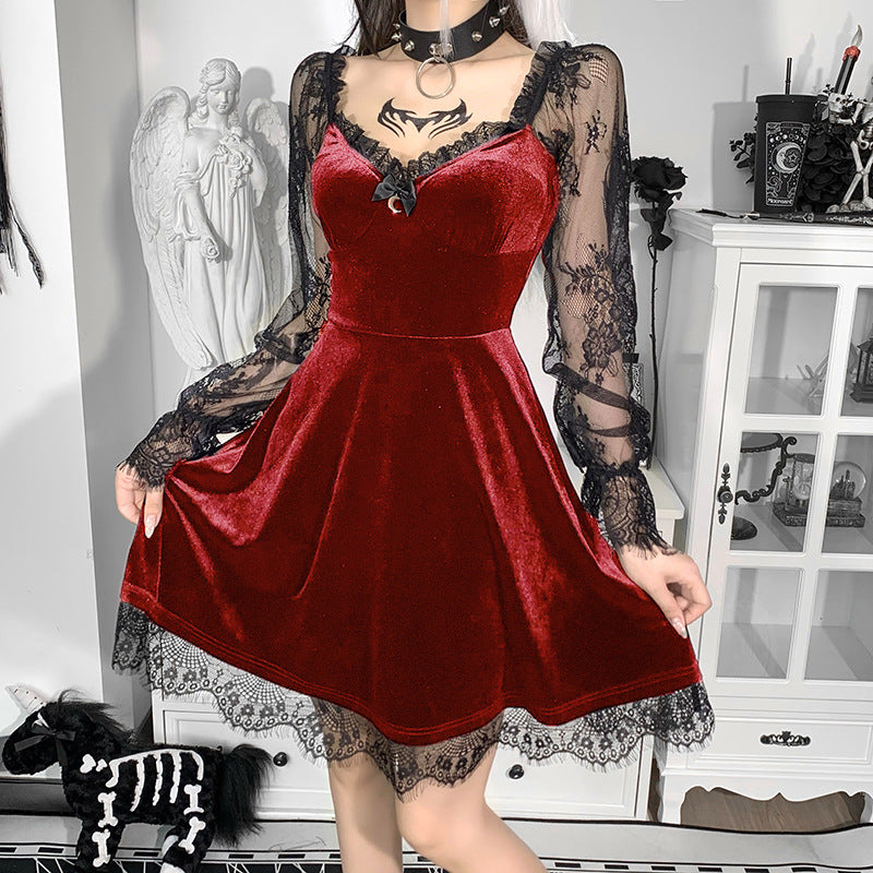 Women's Lace Stitching Long Sleeve Ruffled Waist Dresses