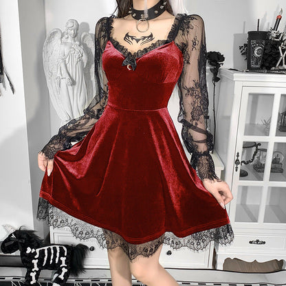 Women's Lace Stitching Long Sleeve Ruffled Waist Dresses
