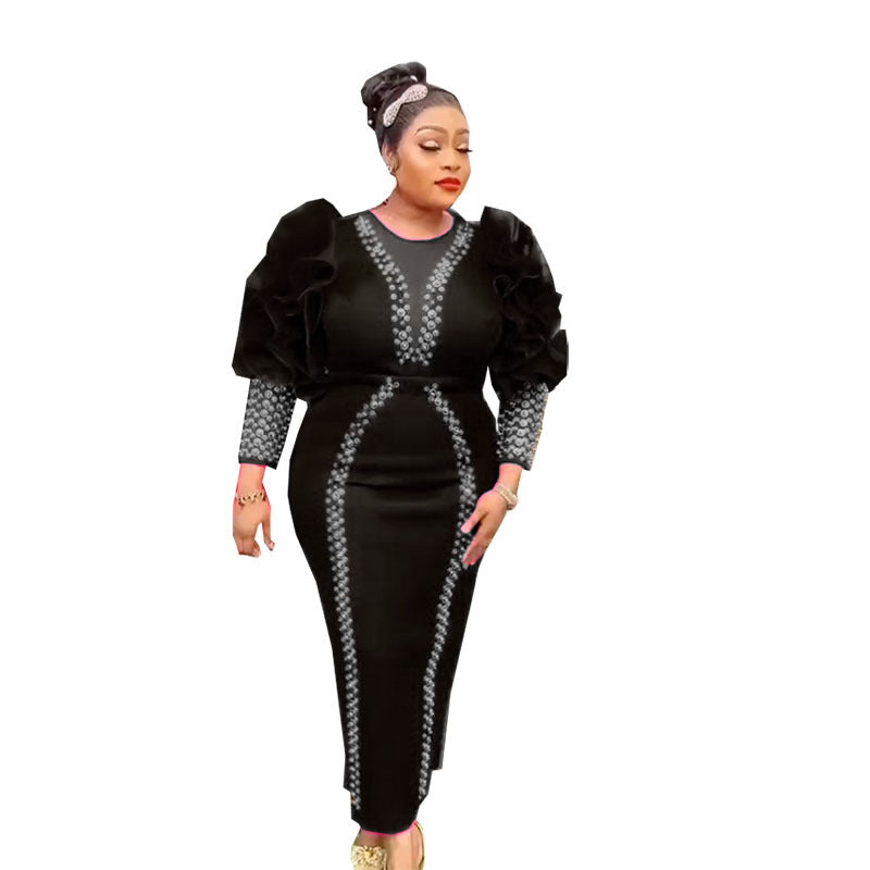 Women's Rhinestone Beaded Puff Sleeve Long Slim Dresses