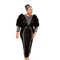 Women's Rhinestone Beaded Puff Sleeve Long Slim Dresses