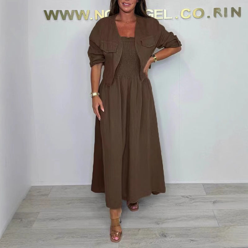 Women's Casual Long Dress Suspender Set Cardigans
