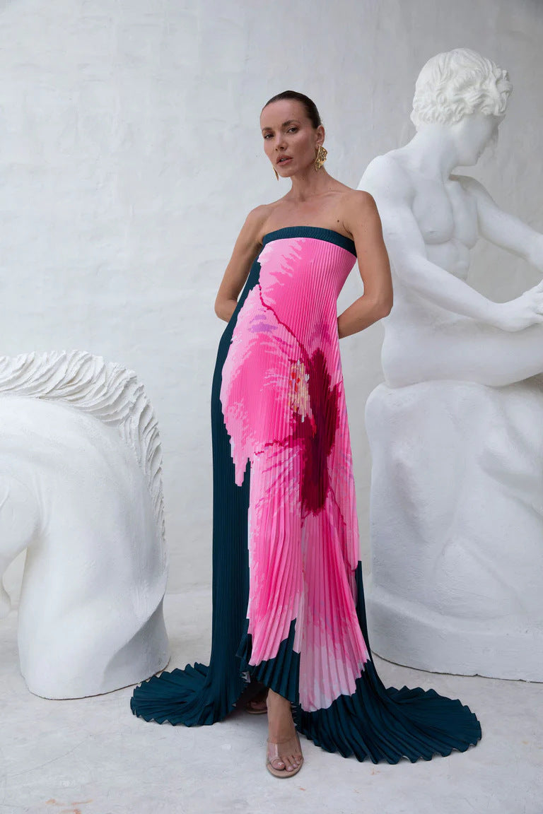 Pleated Positioning Printed Tube Large Swing Dresses
