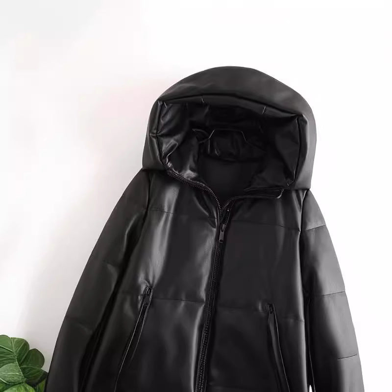 Women's Thick Warm Faux Leather Parka Hooded Coats