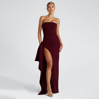 Color Sleeveless Tube Backless Slit Zip Dresses