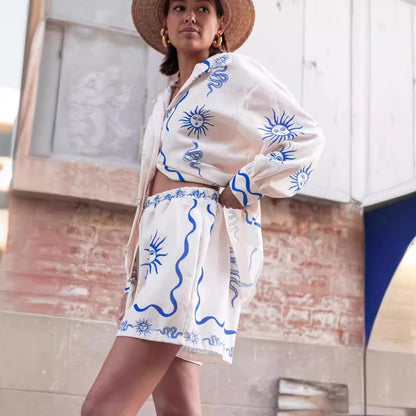 Trendy Fashion Printed Linen Leisure Shirt Shorts