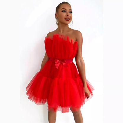 Women's Tube Mesh Graceful Bow Pettiskirt Dress Tops