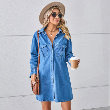 Elegant Loose Wash Denim Dress Midi Tops