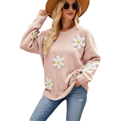 Women's Knitted Loose Idle Round Neck Flower Sweaters