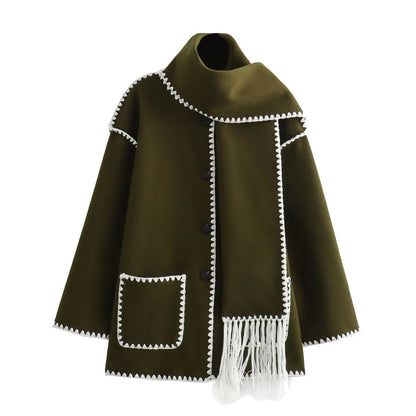 Women's French Fashion Single-breasted Tassel Scarf Stitching Coats