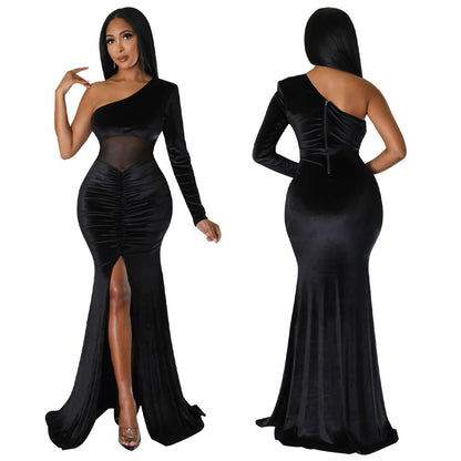 Women's Diagonal Collar Fold Split Solid Color Dresses