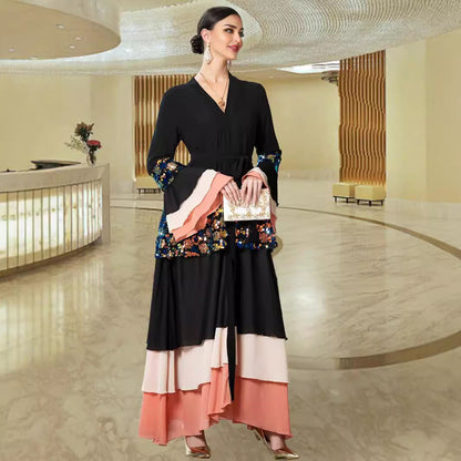 Women's Black Tiered Dress Colorful Sequined Bell Dresses