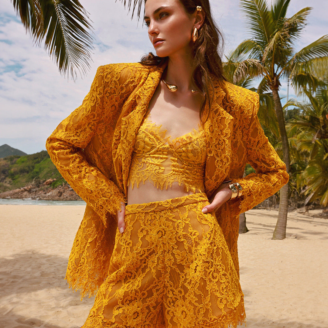 Women's Hot Yellow Lace Three-piece Suspender With Suits
