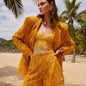 Women's Hot Yellow Lace Three-piece Suspender With Suits