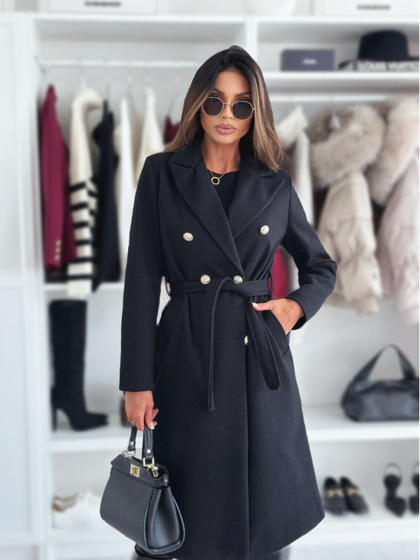 Women's Simple Fashion Solid Color Double-breasted Woolen Coats
