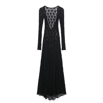 Women's Lace Round Neck Long Sleeve Backless Dresses