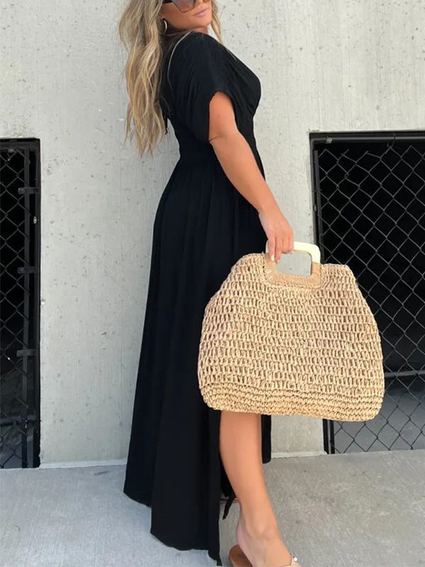 Solid Color Bat Sleeve Elastic Waisted Slimming Dresses