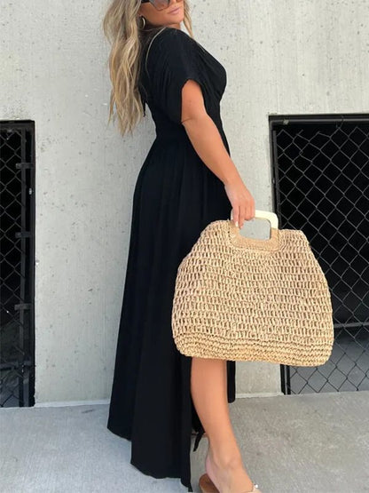 Solid Color Bat Sleeve Elastic Waisted Slimming Dresses