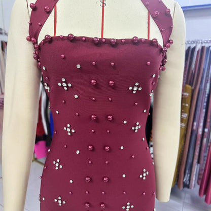 Beaded Rhinestone Pearl Halter Bandage One-piece Dress Elegant Dresses