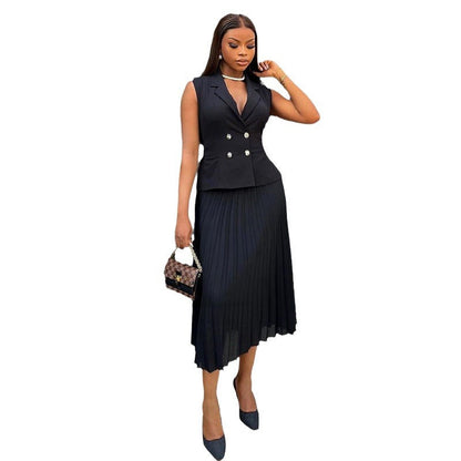 Women's Summer Elegant Collar Double Breasted Pleated Suits
