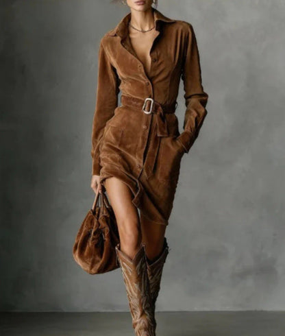 Suede Fashion Long Sleeve Lapel Single Breasted Shirt Dress Dresses