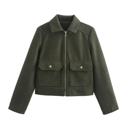 Women's Autumn Fashion Soft Woolen Pocket Zipper Coats