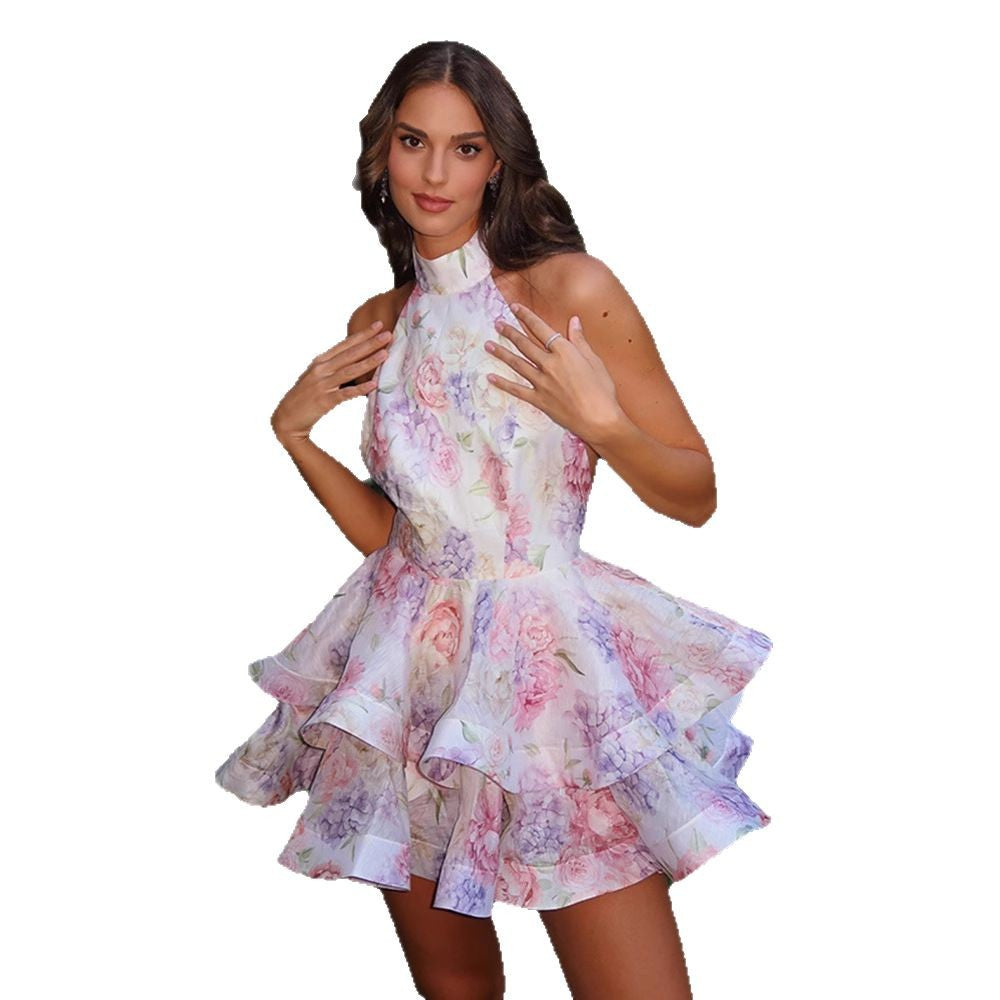 Women's French Style Fresh Sweet Halter Backless Printed Clothing
