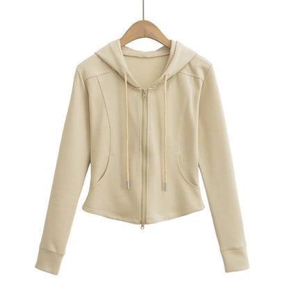 Autumn Fashion Simple Style Double Zipper Hooded Drawstring Tops