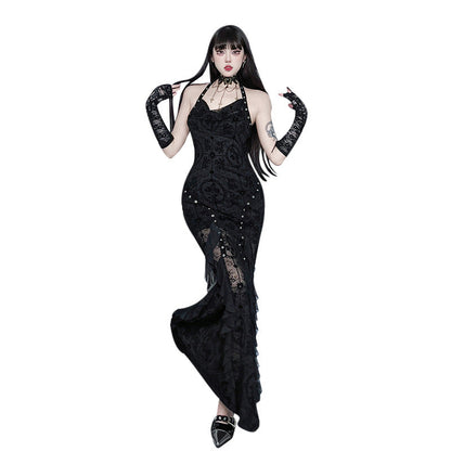 Flocking Swing Collar Suspender Dress Dark Dresses