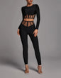 Black Long Sleeve Round Neck Two-piece Mesh Hollow Suits