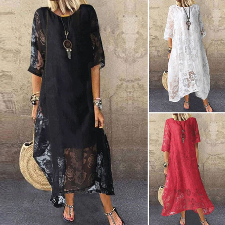 Round Neck Sleeve Lace Long Dress Shorts