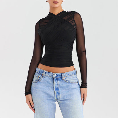 Women's Fashion Sexy Hot Mesh Stitching Zipper Blouses