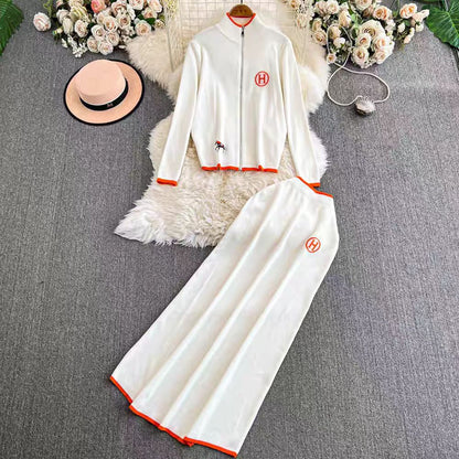 Women's Zipper Embroidered Long-sleeved Two-piece High Waist Suits