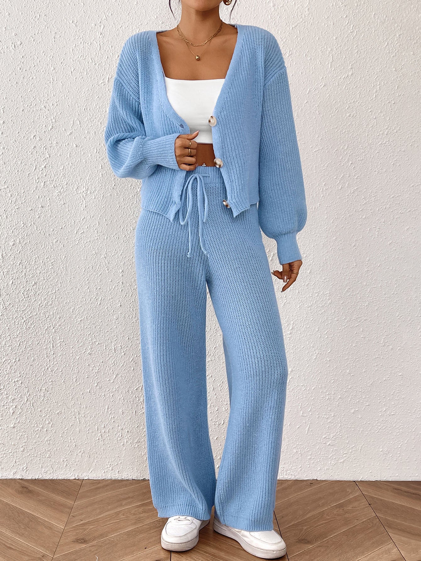 Women's Color Elegant Outfit Loose Wide Leg Drawstring Suits