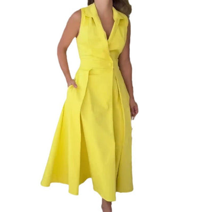 Women's Solid Color Polo Collar Pleated Long Dresses