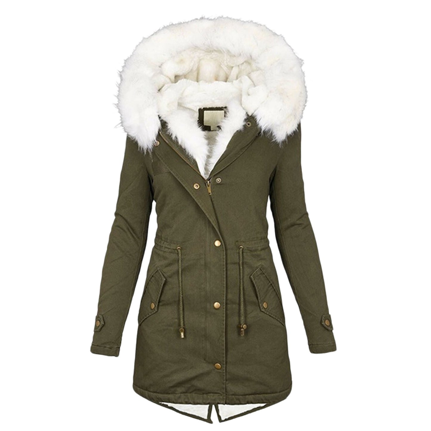 Women's Mid-length Trench White Fur Collar Hood Coats