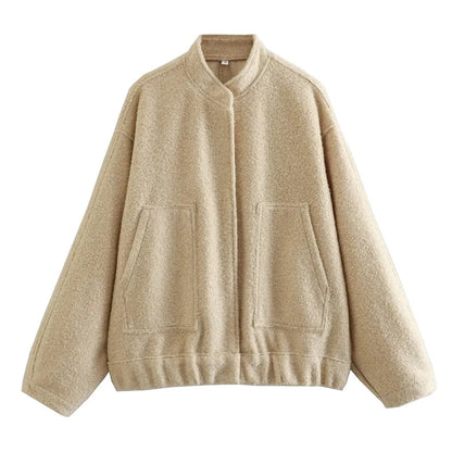 Women's Color Loose Casual Street Stand Collar Hidden Coats