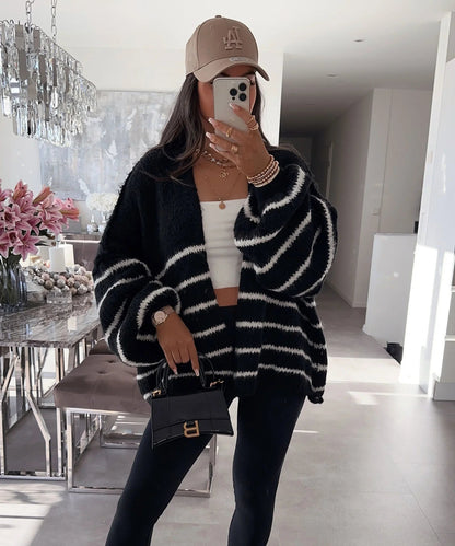 Women's Loose Contrast Color Striped Embroidery Knitted Sweaters