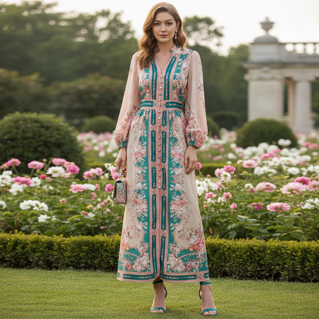 Women's Design Single-breasted Lantern Sleeve Positioning Printed Dress Dresses