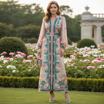 Women's Design Single-breasted Lantern Sleeve Positioning Printed Dress Dresses