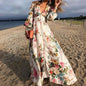 Romantic Floral Print Deep Long Sleeve Big Hem Dresses