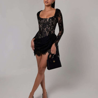 Long Sleeve Sexy Lace Fishbone Waist Skirts