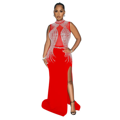 Women's Wear Pure Color Mesh Hot Drilling Split Dresses