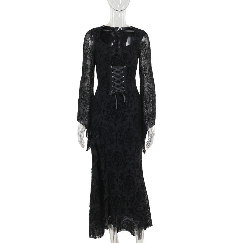 Elegant Sexy Cross Flocking Long-sleeved Dress Dresses