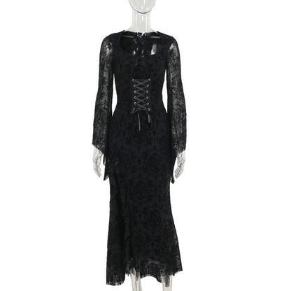Elegant Sexy Cross Flocking Long-sleeved Dress Dresses