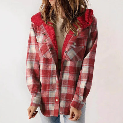 Women's Plaid Long Sleeve Furry Hooded With Coats