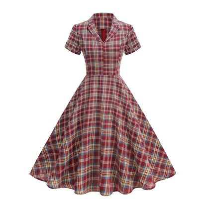 British Plaid Retro Elegant Collar Mid-length Large Dresses