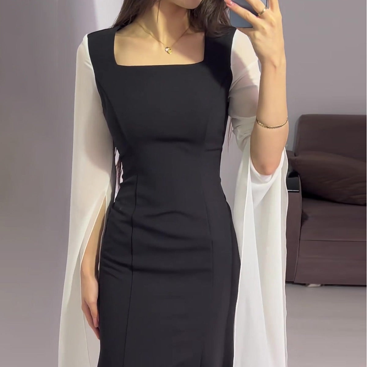 Women's Autumn Batwing Sleeve Hepburn Style Black Dresses