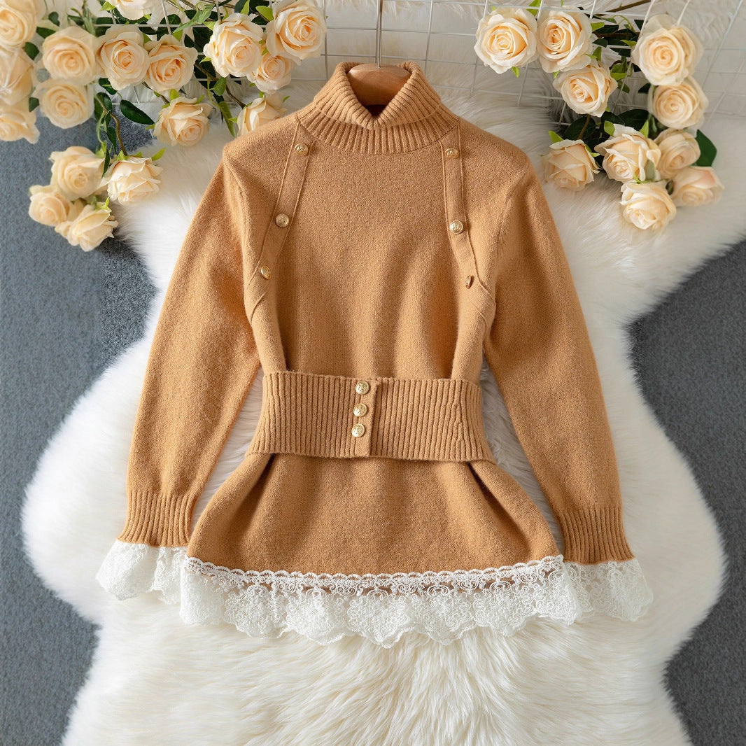 Women's Polo Collar Warm Elegant Lace Stitching Sweaters