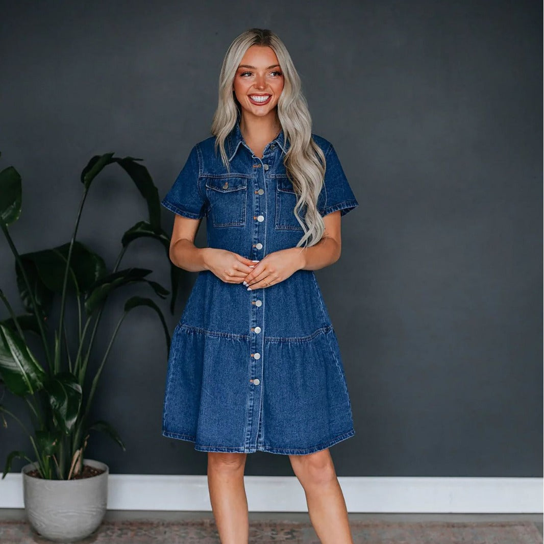 Women's Summer Short-sleeved Lapel Casual Denim Dress Dresses
