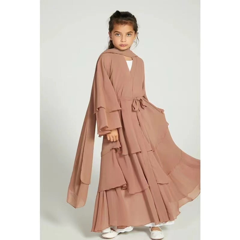 Children's Stitching Solid Color Waist Chiffon Elegant Long Dresses
